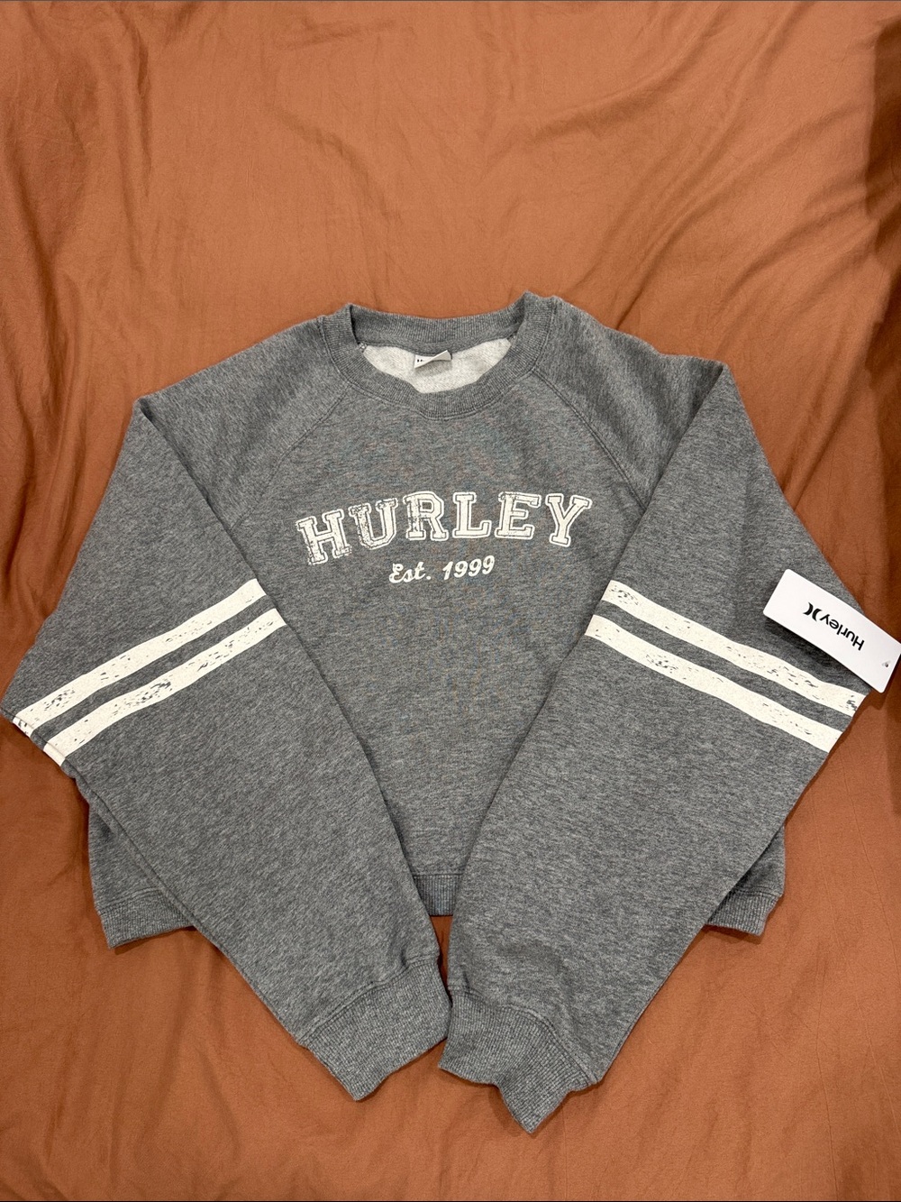 Hurley Gray Crewneck Sweatshirt with White Sleeve Stripes